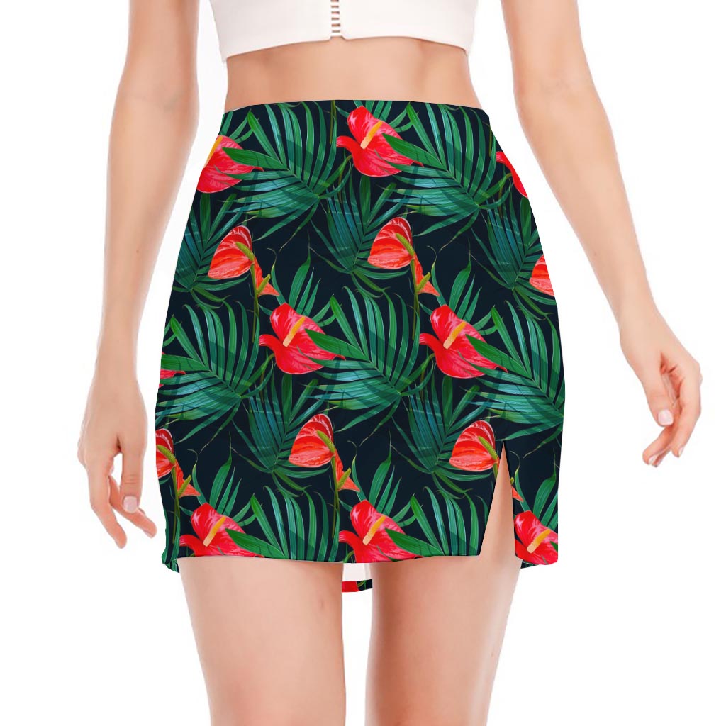 Hawaiian Tropical Flowers Pattern Print Side Slit Mini Skirt