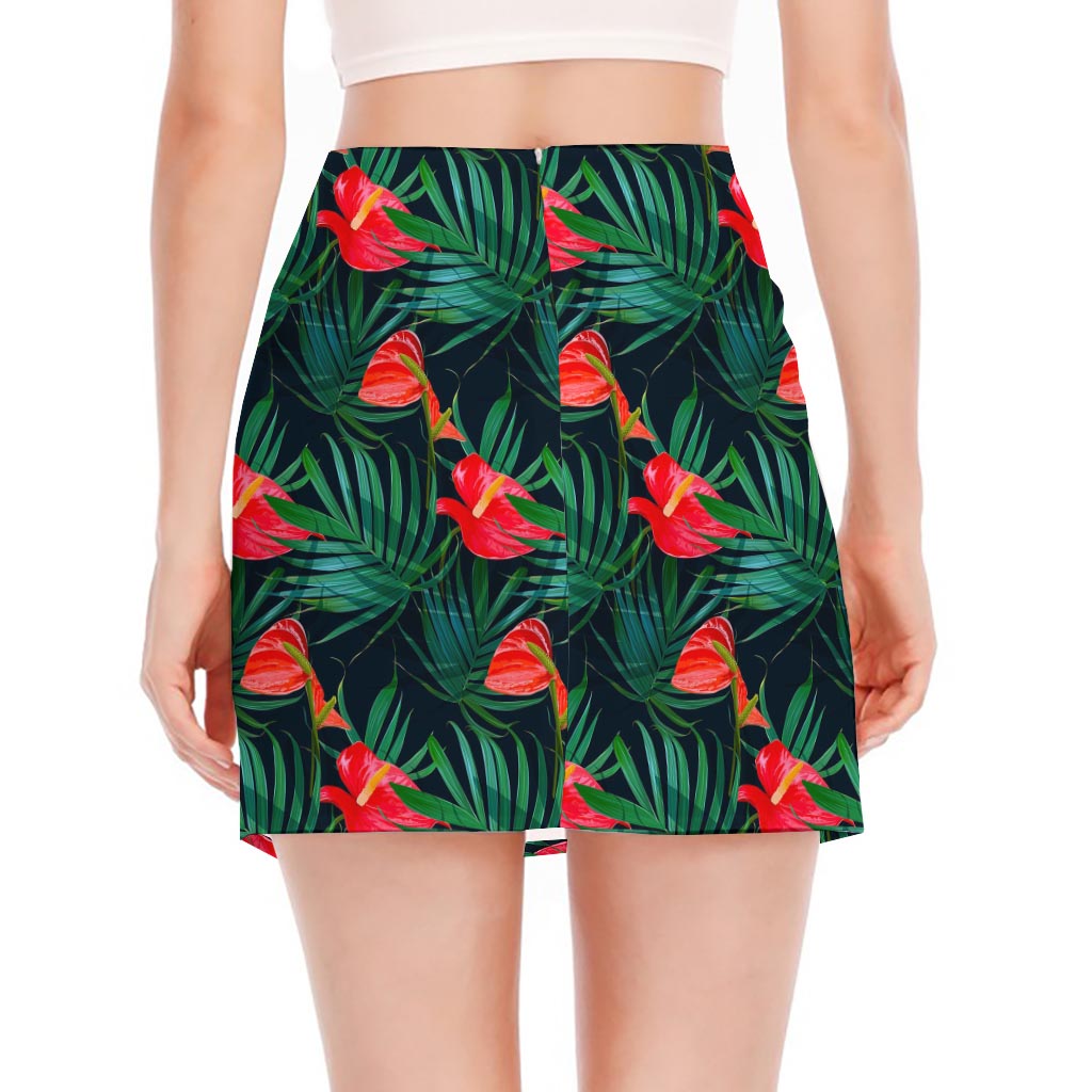 Hawaiian Tropical Flowers Pattern Print Side Slit Mini Skirt