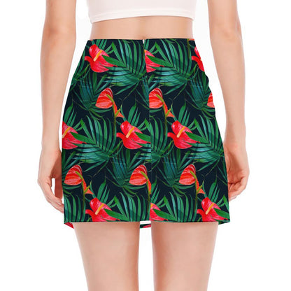 Hawaiian Tropical Flowers Pattern Print Side Slit Mini Skirt