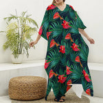 Hawaiian Tropical Flowers Pattern Print Silk V-Neck Kaftan Dress