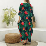 Hawaiian Tropical Flowers Pattern Print Silk V-Neck Kaftan Dress