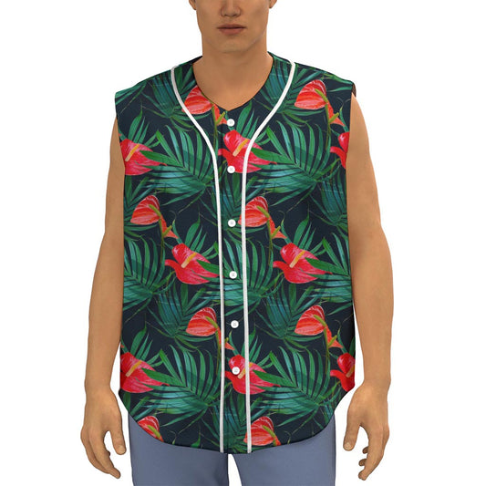 Hawaiian Tropical Flowers Pattern Print Sleeveless Baseball Jersey