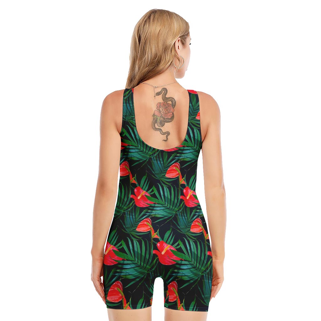 Hawaiian Tropical Flowers Pattern Print Sleeveless One Piece Swimsuit