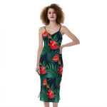 Hawaiian Tropical Flowers Pattern Print Slim Fit Midi Cami Dress