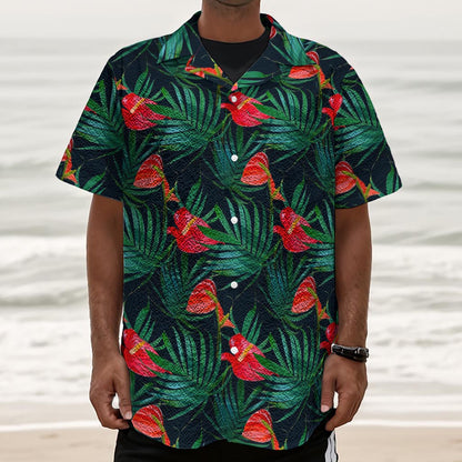 Hawaiian Tropical Flowers Pattern Print Textured Short Sleeve Shirt