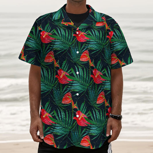 Hawaiian Tropical Flowers Pattern Print Textured Short Sleeve Shirt