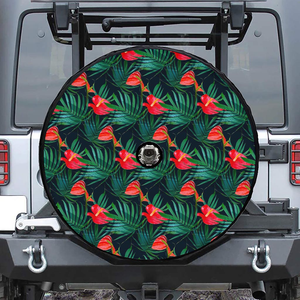 Hawaiian Tropical Flowers Pattern Print Tire Cover With Camera Hole