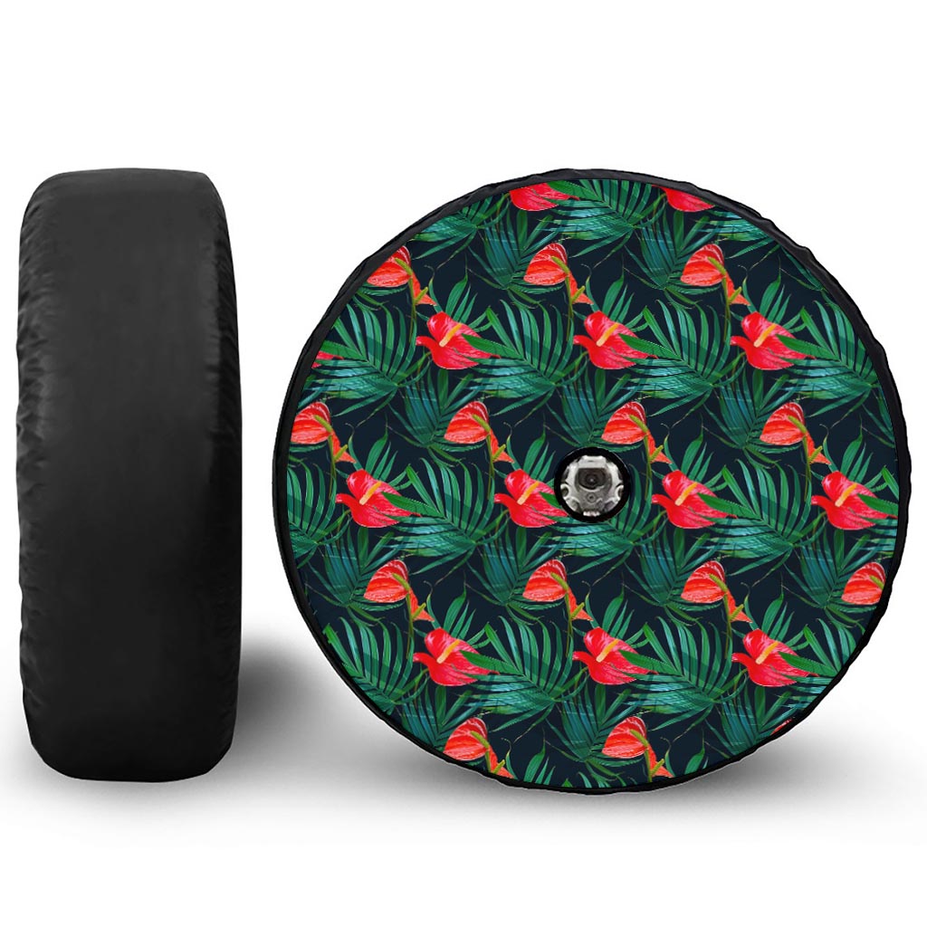 Hawaiian Tropical Flowers Pattern Print Tire Cover With Camera Hole
