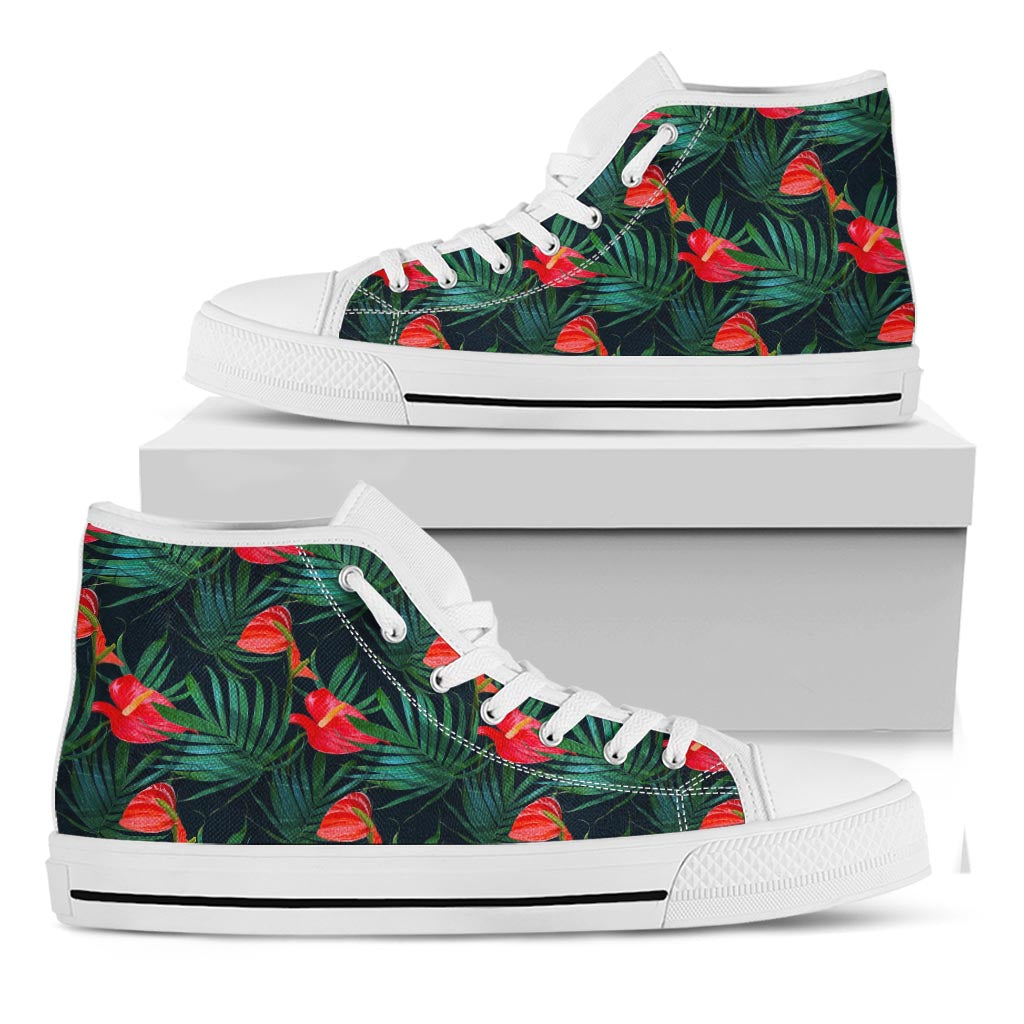 Hawaiian Tropical Flowers Pattern Print White High Top Sneakers