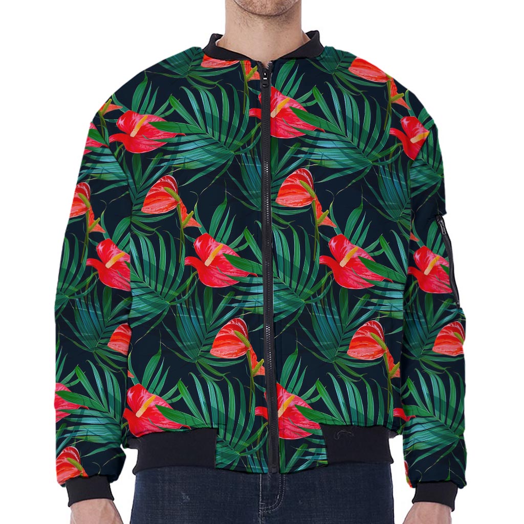 Hawaiian Tropical Flowers Pattern Print Zip Sleeve Bomber Jacket