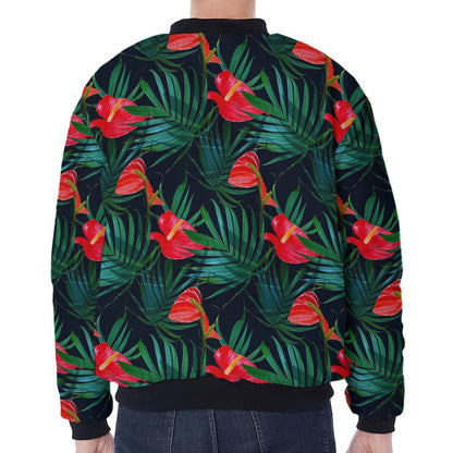 Hawaiian Tropical Flowers Pattern Print Zip Sleeve Bomber Jacket