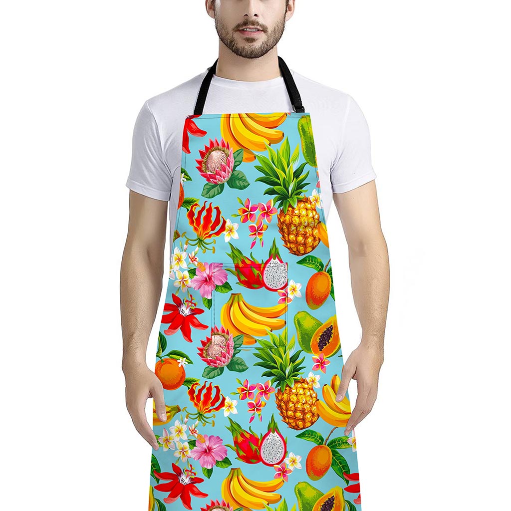Hawaiian Tropical Fruits Pattern Print Bib Apron With Pocket