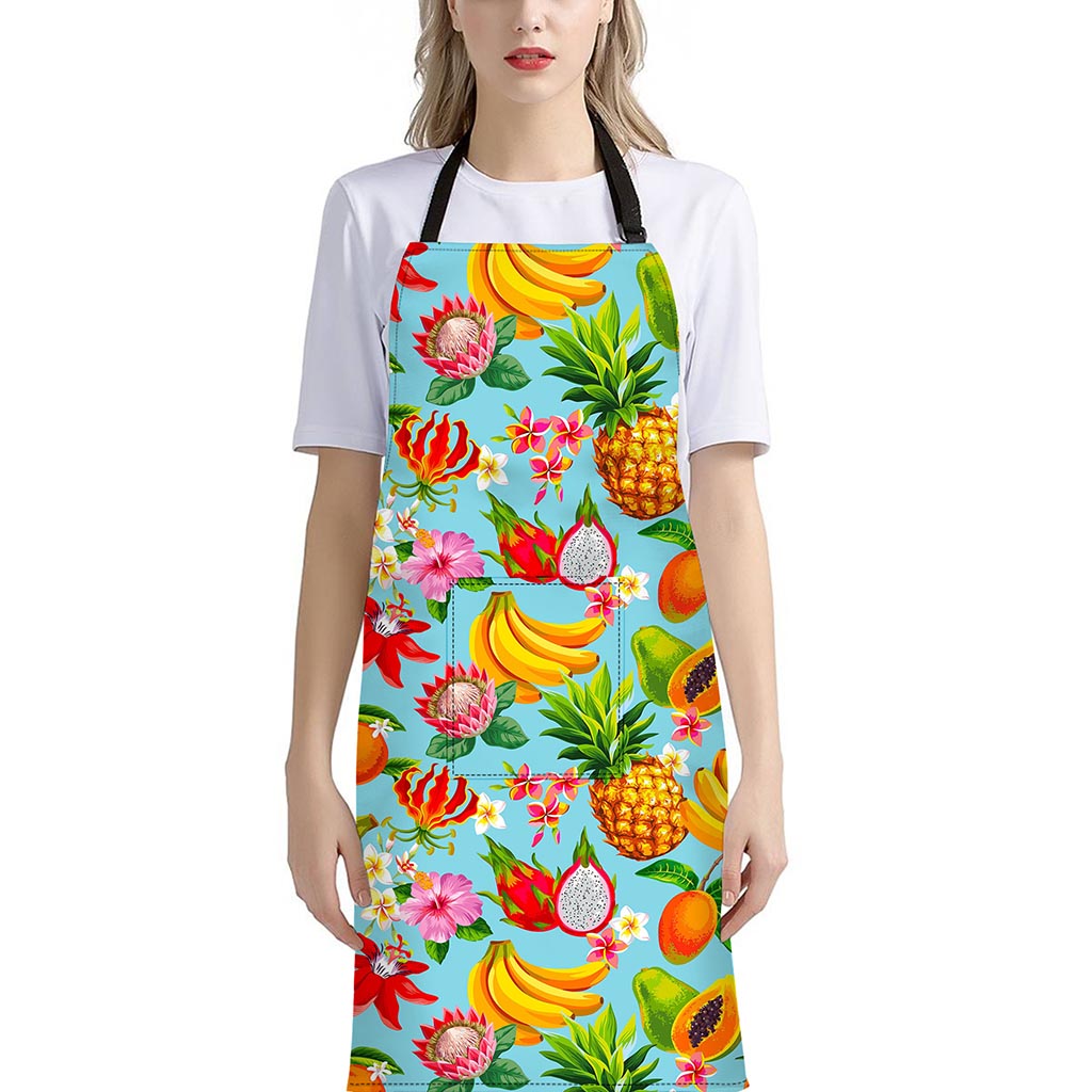 Hawaiian Tropical Fruits Pattern Print Bib Apron With Pocket