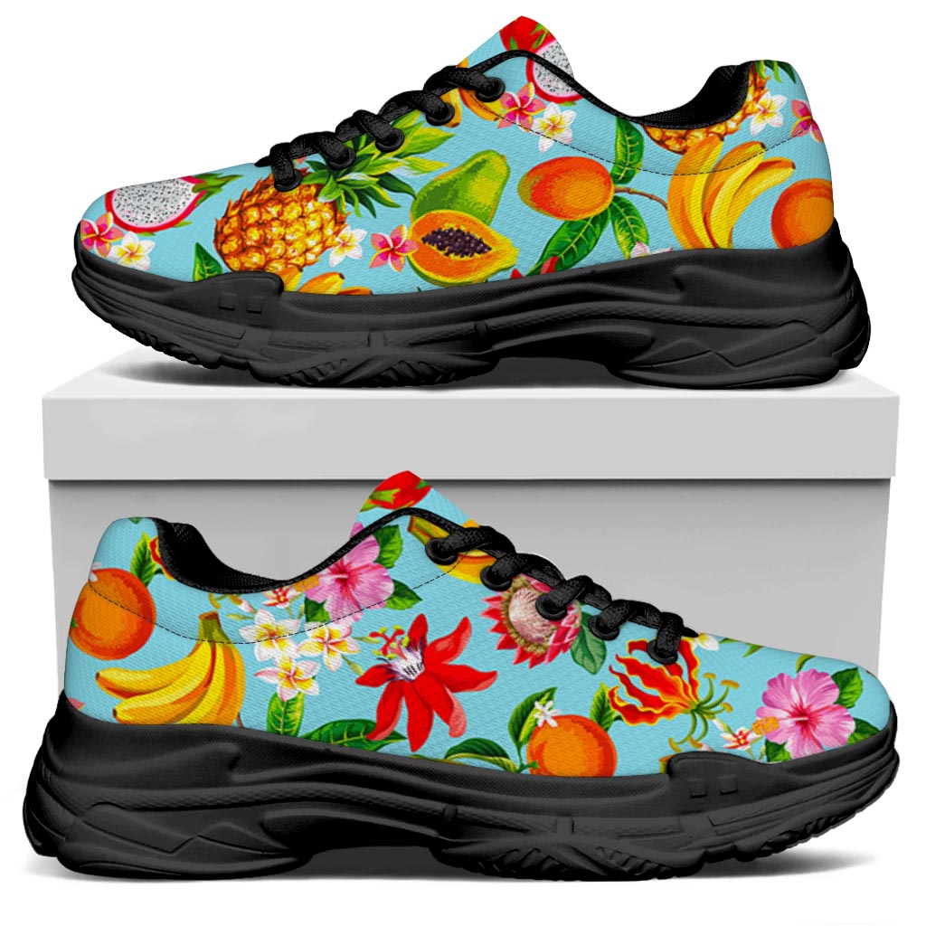 Hawaiian Tropical Fruits Pattern Print Black Chunky Shoes