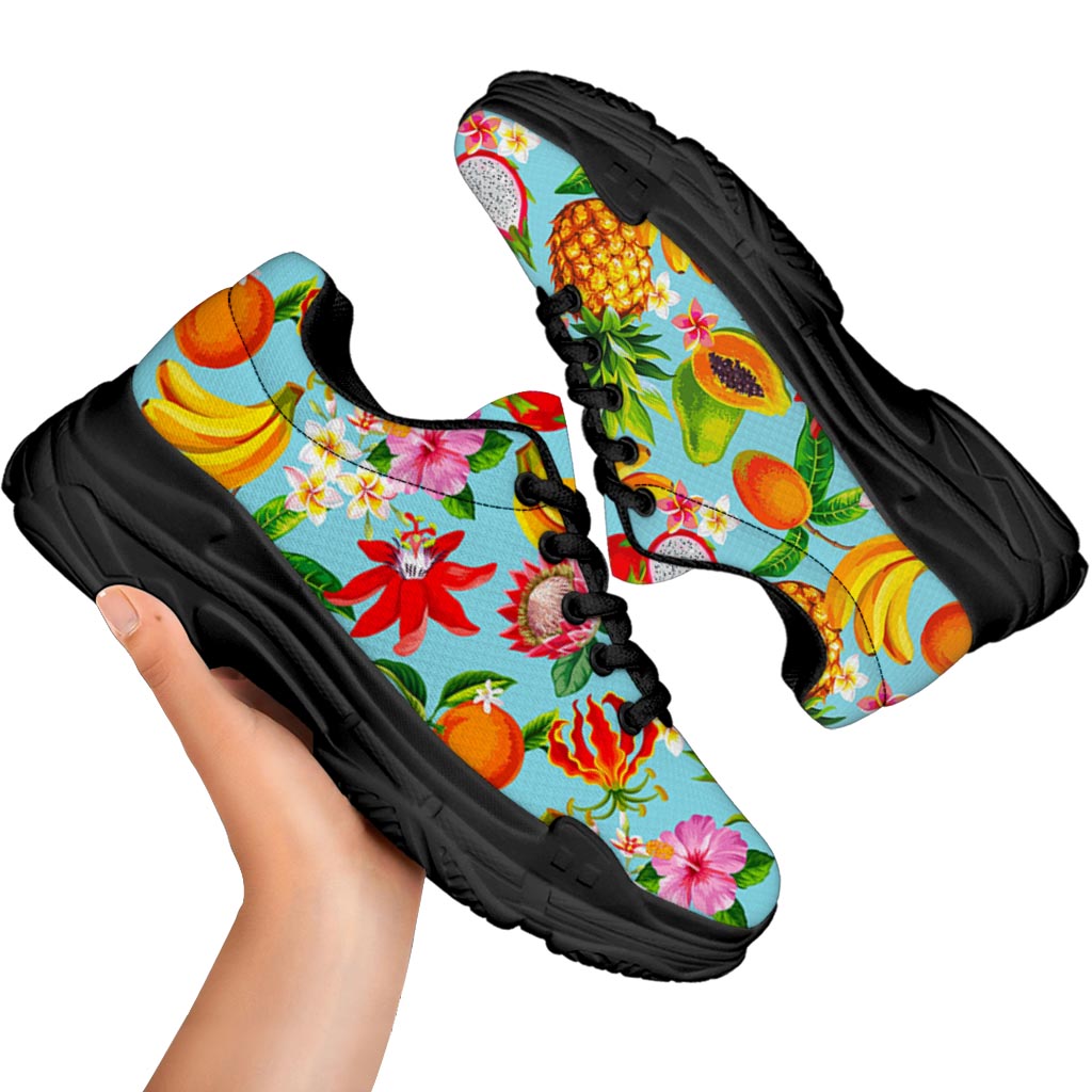 Hawaiian Tropical Fruits Pattern Print Black Chunky Shoes