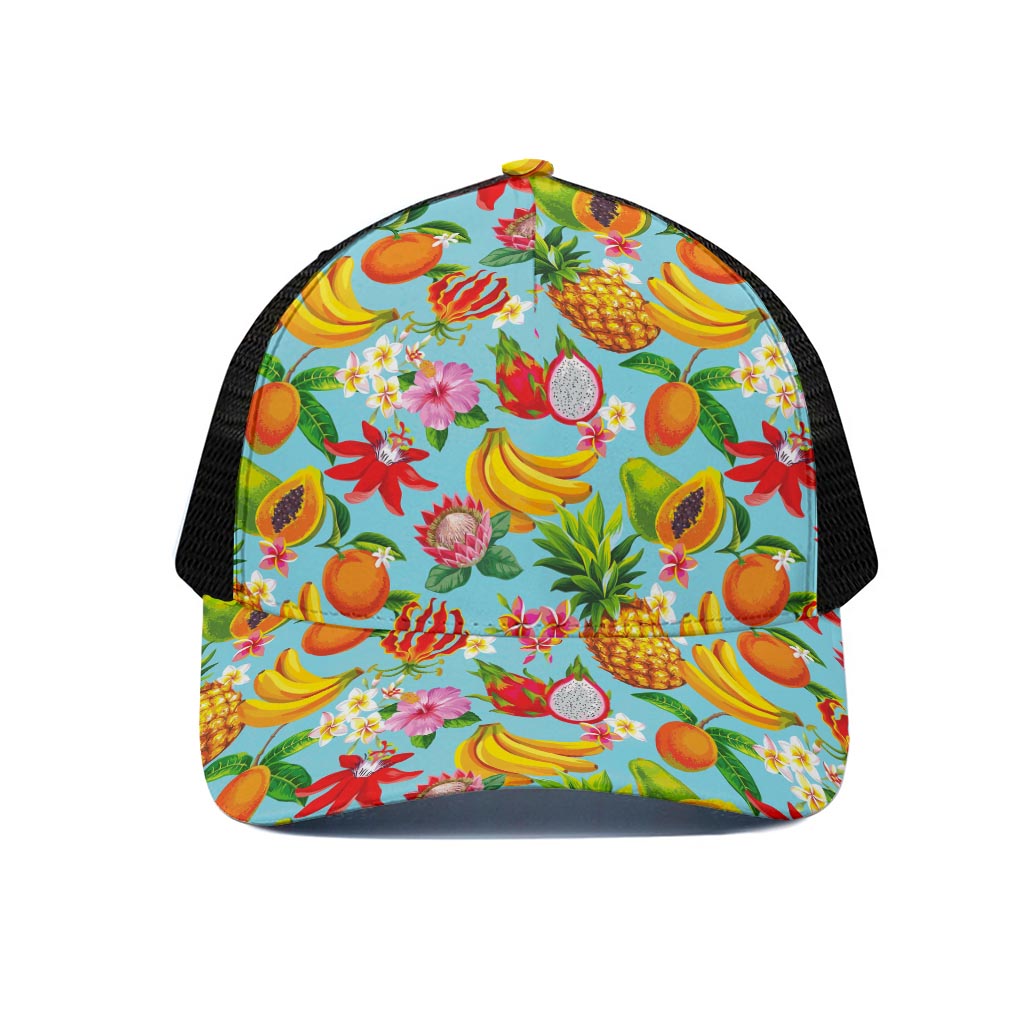 Hawaiian Tropical Fruits Pattern Print Black Mesh Trucker Cap
