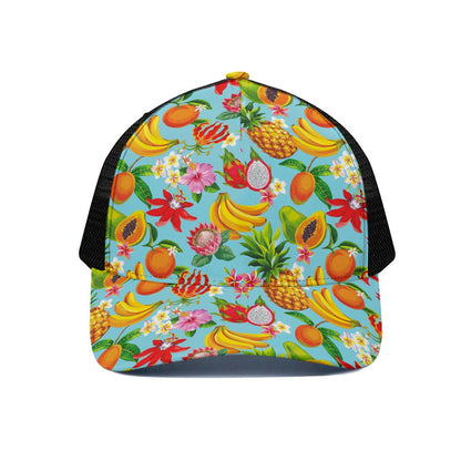 Hawaiian Tropical Fruits Pattern Print Black Mesh Trucker Cap