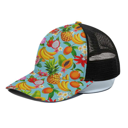 Hawaiian Tropical Fruits Pattern Print Black Mesh Trucker Cap
