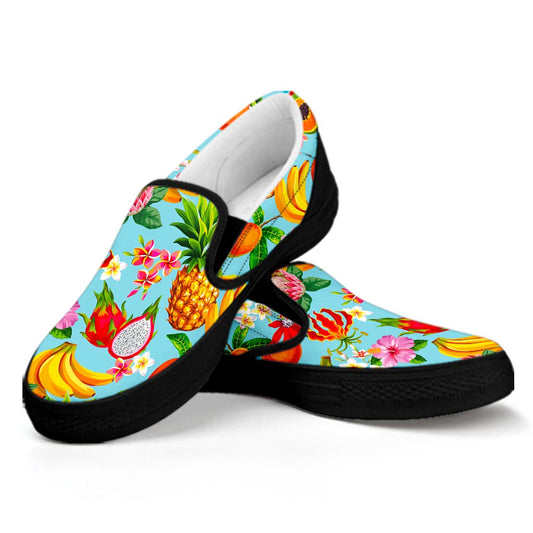 Hawaiian Tropical Fruits Pattern Print Black Slip On Sneakers