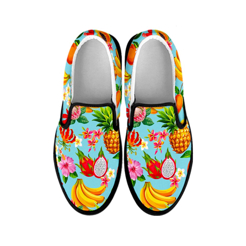 Hawaiian Tropical Fruits Pattern Print Black Slip On Sneakers