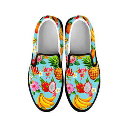 Hawaiian Tropical Fruits Pattern Print Black Slip On Sneakers