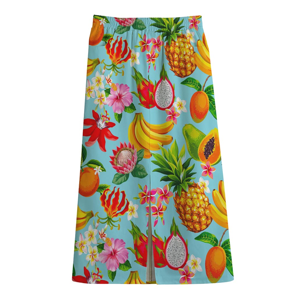 Hawaiian Tropical Fruits Pattern Print Cotton Front Slit Maxi Skirt