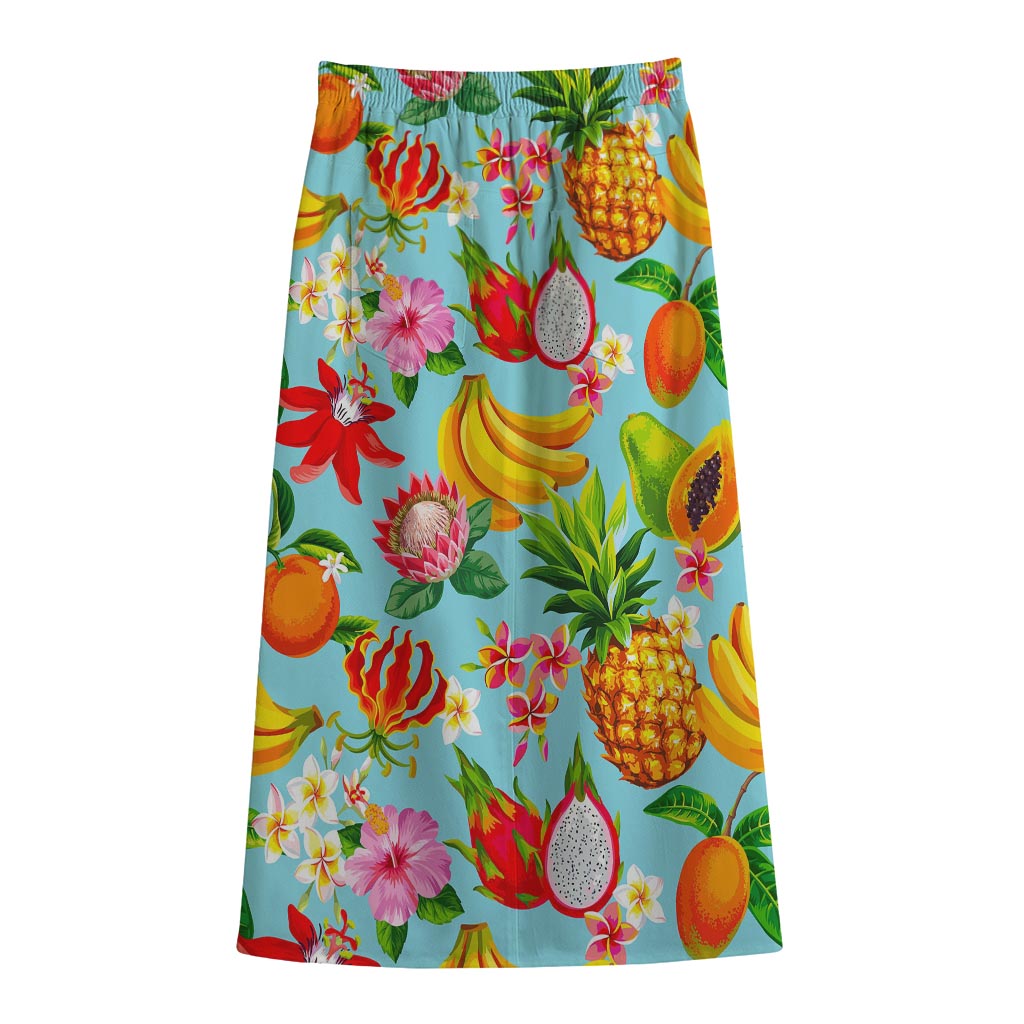 Hawaiian Tropical Fruits Pattern Print Cotton Front Slit Maxi Skirt