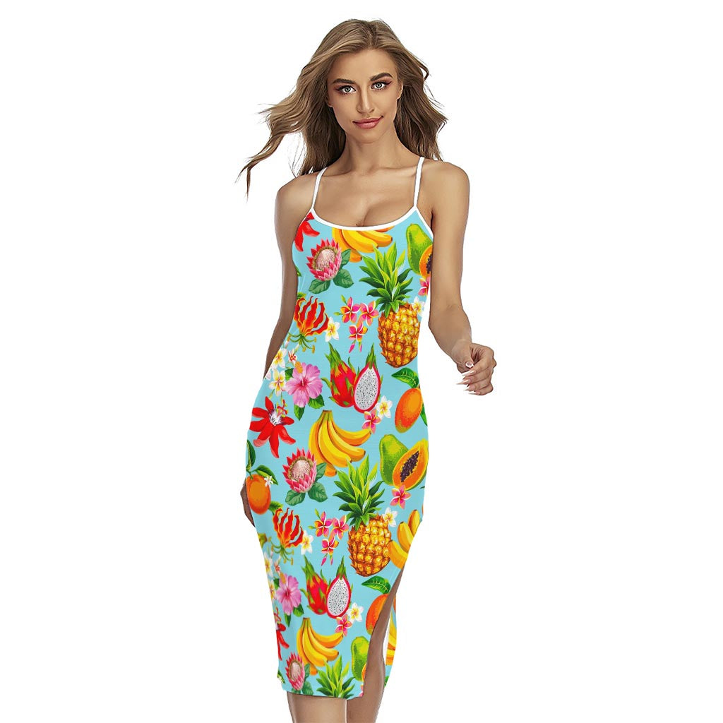 Hawaiian Tropical Fruits Pattern Print Cross Back Cami Dress