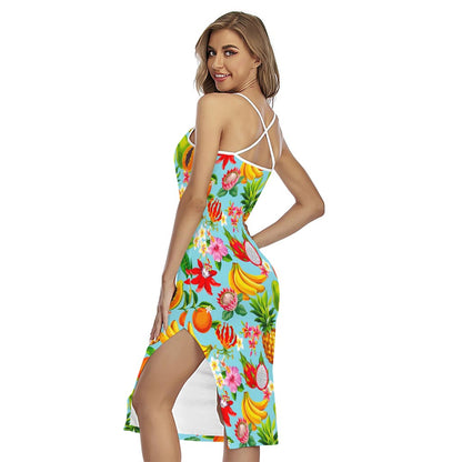 Hawaiian Tropical Fruits Pattern Print Cross Back Cami Dress