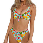 Hawaiian Tropical Fruits Pattern Print Front Bow Tie Bikini