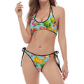 Hawaiian Tropical Fruits Pattern Print Halter Scoop Tie Side Bikini