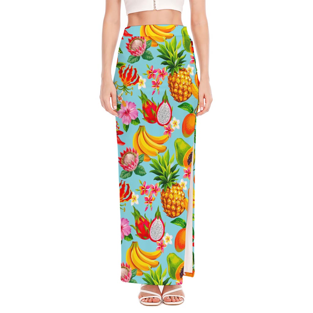 Hawaiian Tropical Fruits Pattern Print High Slit Maxi Skirt