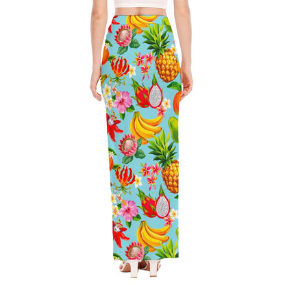 Hawaiian Tropical Fruits Pattern Print High Slit Maxi Skirt
