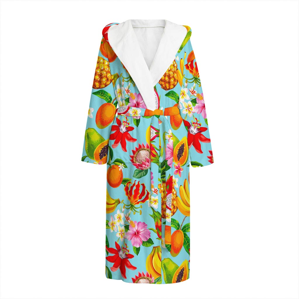 Hawaiian Tropical Fruits Pattern Print Hooded Bathrobe