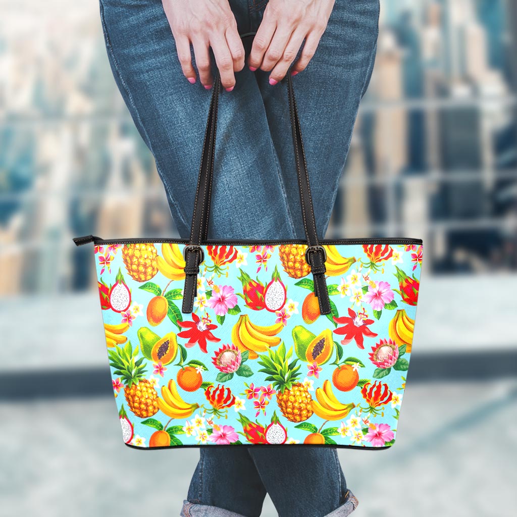 Hawaiian Tropical Fruits Pattern Print Leather Tote Bag