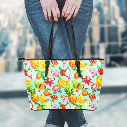Hawaiian Tropical Fruits Pattern Print Leather Tote Bag