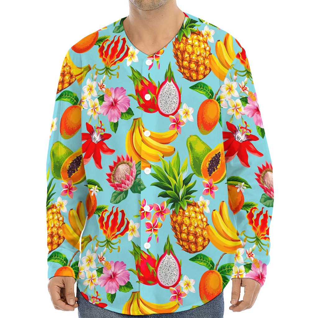 Hawaiian Tropical Fruits Pattern Print Long Sleeve Baseball Jersey