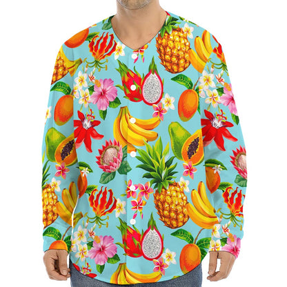 Hawaiian Tropical Fruits Pattern Print Long Sleeve Baseball Jersey