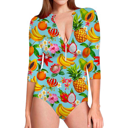 Hawaiian Tropical Fruits Pattern Print Long Sleeve Swimsuit