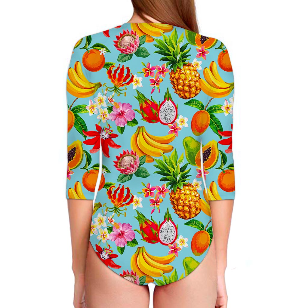 Hawaiian Tropical Fruits Pattern Print Long Sleeve Swimsuit