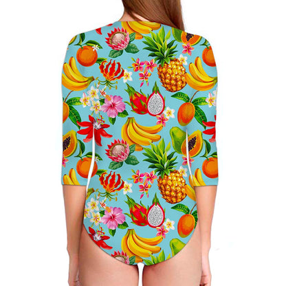 Hawaiian Tropical Fruits Pattern Print Long Sleeve Swimsuit