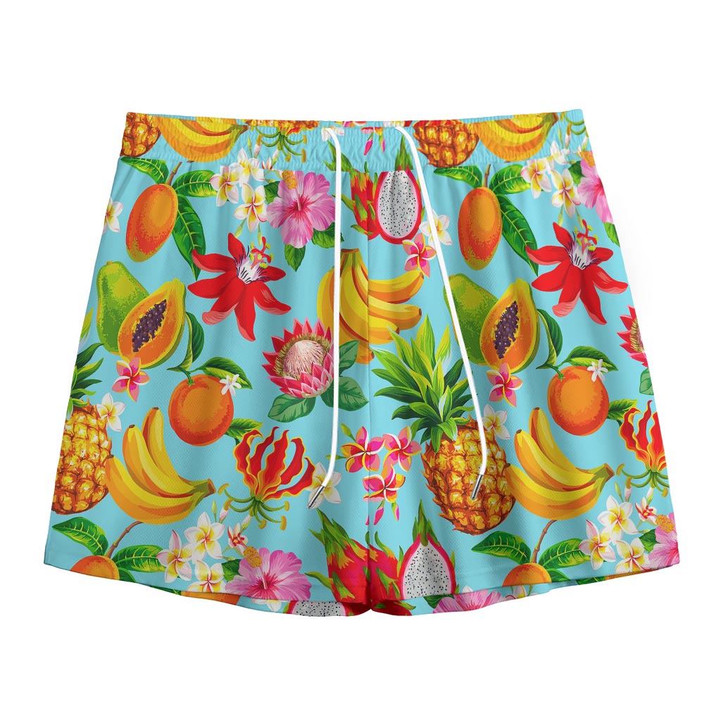 Hawaiian Tropical Fruits Pattern Print Mesh Shorts