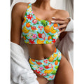 Hawaiian Tropical Fruits Pattern Print One Shoulder Bikini Set