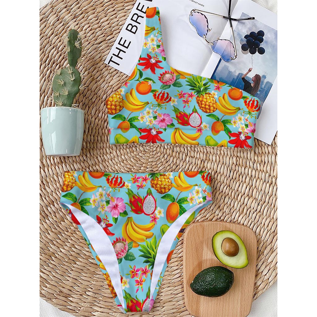 Hawaiian Tropical Fruits Pattern Print One Shoulder Bikini Top