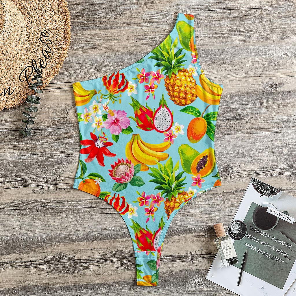Hawaiian Tropical Fruits Pattern Print One Shoulder Bodysuit
