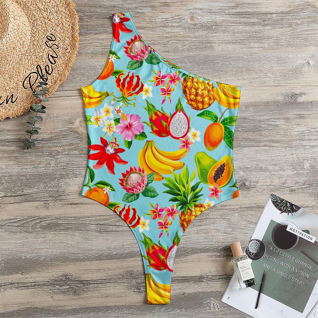 Hawaiian Tropical Fruits Pattern Print One Shoulder Bodysuit