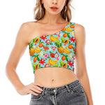 Hawaiian Tropical Fruits Pattern Print One Shoulder Crop Top