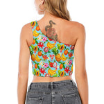 Hawaiian Tropical Fruits Pattern Print One Shoulder Crop Top
