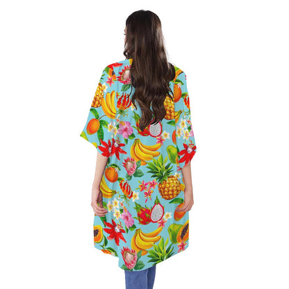 Hawaiian Tropical Fruits Pattern Print Open Front Beach Cover Up