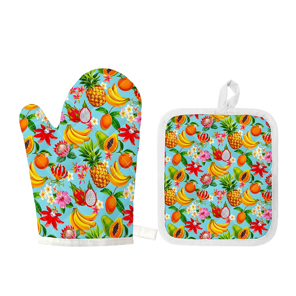 Hawaiian Tropical Fruits Pattern Print Oven Mitt And Pot Holder Set